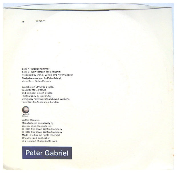 PETER GABRIEL - SLEDGEHAMMER | 7" SINGLE VINILO USADO