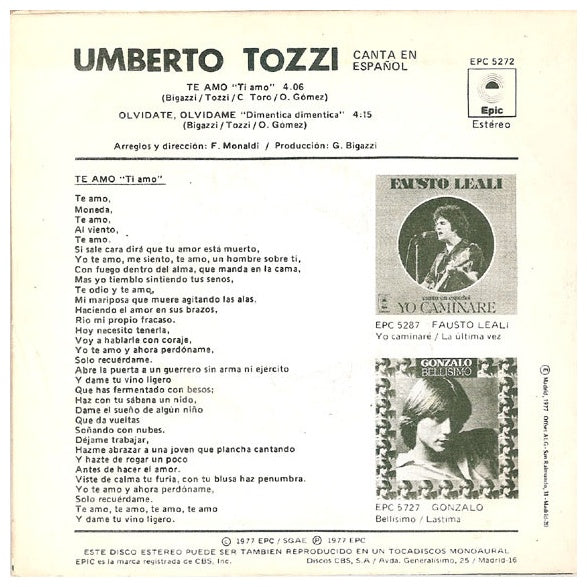 UMBERTO TOZZI - TE AMO (EN ESPAÑOL) | 7" SINGLE VINILO USADO