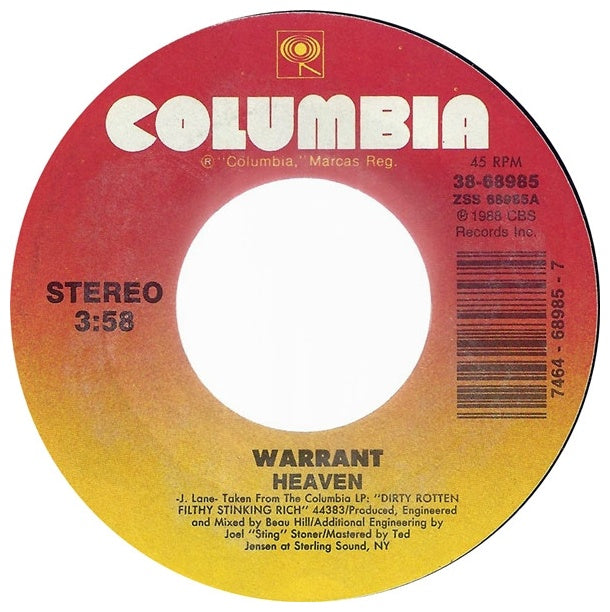 WARRANT - HEAVEN | 7" SINGLE VINILO USADO