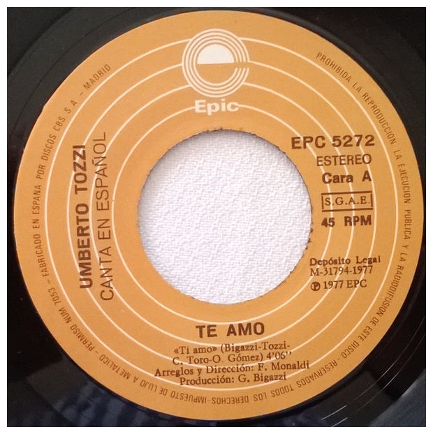 UMBERTO TOZZI - TE AMO (EN ESPAÑOL) | 7" SINGLE VINILO USADO