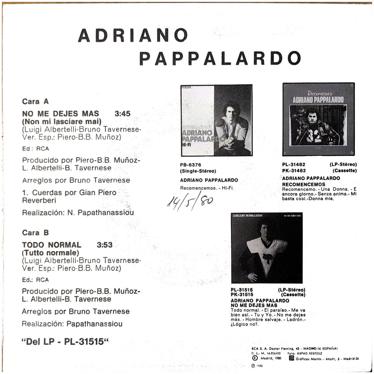 ADRIANO PAPPALARDO - NO ME DEJES MAS | 7" SINGLE VINILO USADO