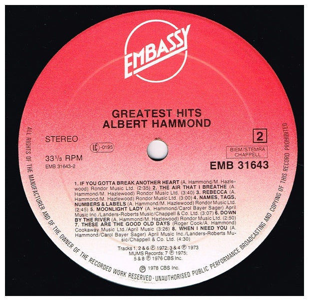 ALBERT HAMMOND - GREATEST HITS | VINILO USADO