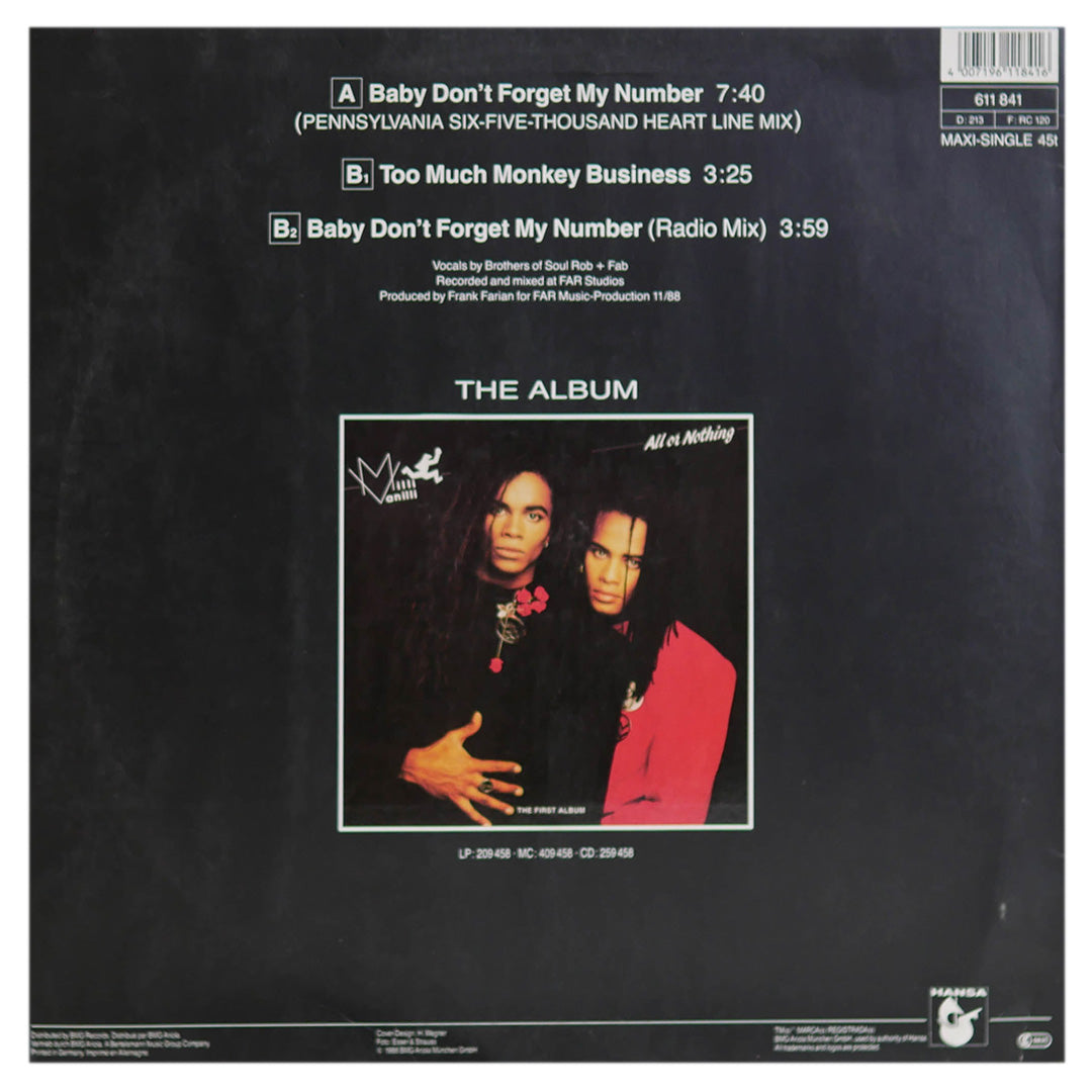 MILLI VANILLI - BABY DON'T FORGET MY NUMBER | 12" MAXI SINGLE USADO