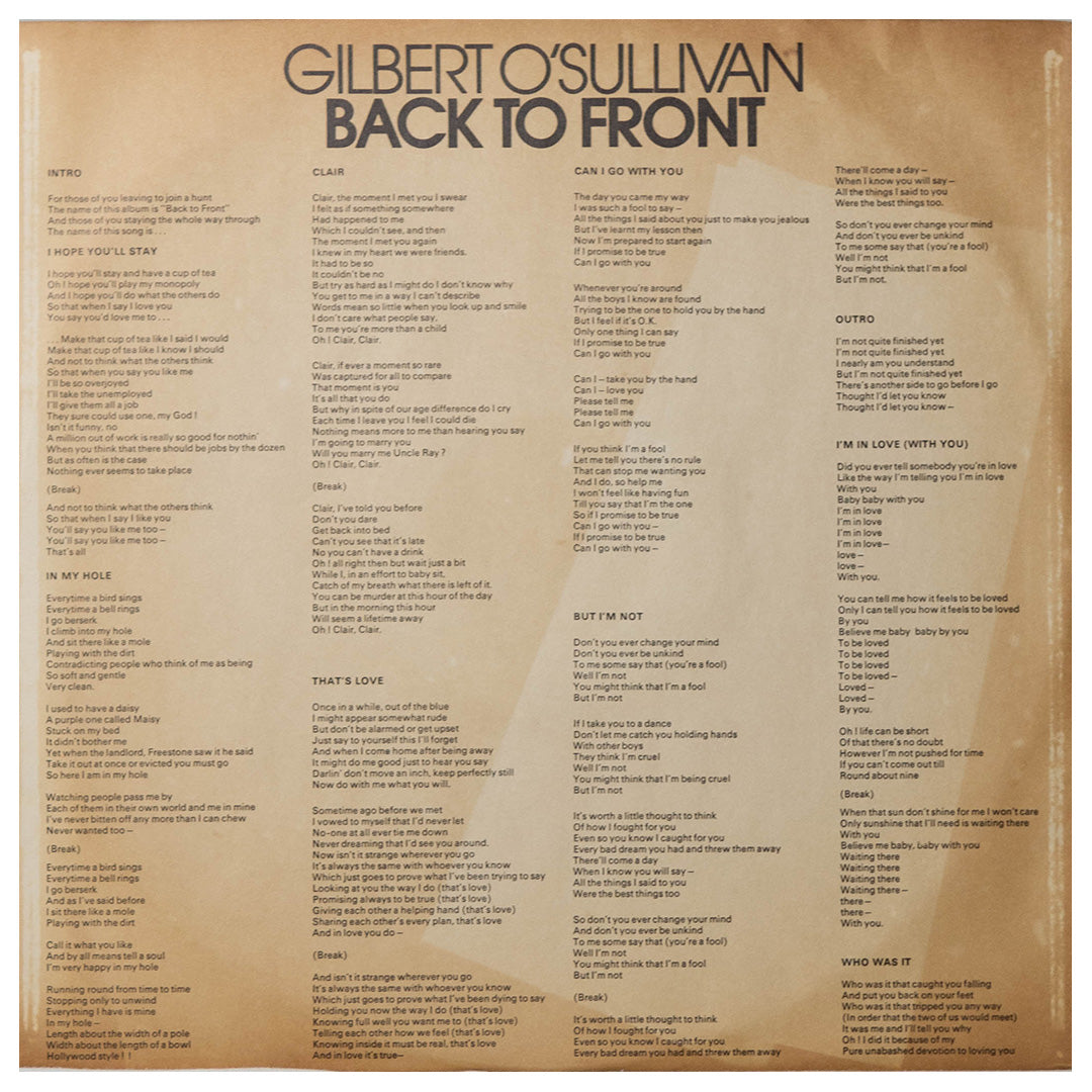 GILBERT O"SULLIVAN - BACK TO FRONT | VINILO USADO