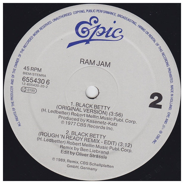 RAM JAM - BLACK BETTY (REMIX) (ORIGINAL VERSION) | 12" MAXI SINGLE USADO