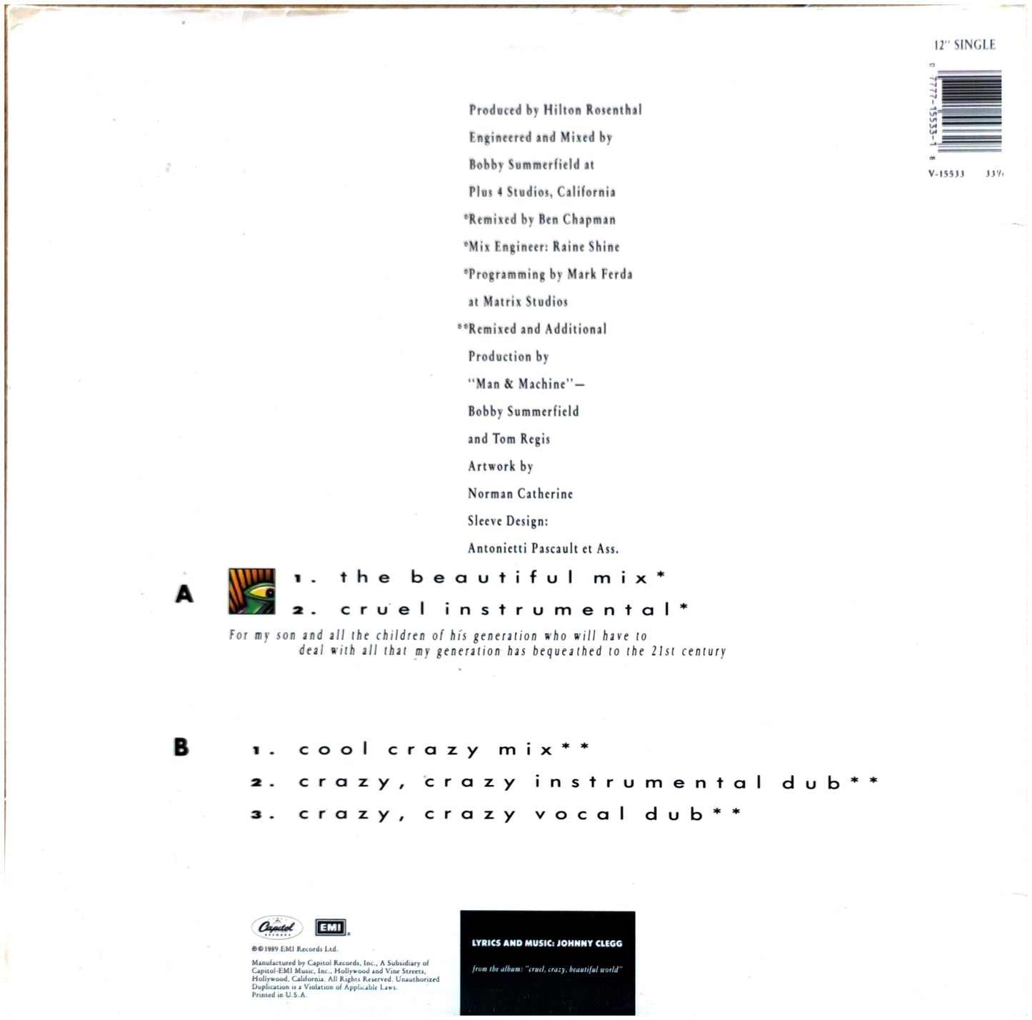 JOHNNY CLEGG & SAVUKA - CRUEL, CRAZY, BEAUTIFUL WORLD | 12" MAXI SINGLE USADO