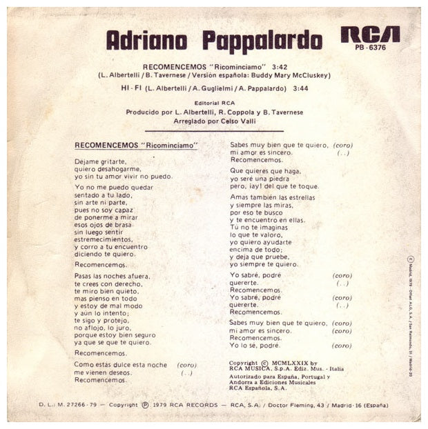 ADRIANO PAPPALARDO - RECOMENCEMOS (EN ESPAÑOL) | 7" SINGLE VINILO USADO