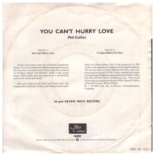PHIL COLLINS - YOU CAN'T HURRY LOVE/I CANNOT BELIEVE IT'S TRUE | 7'' SINGLE VINILO USADO