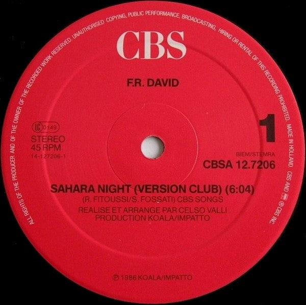 F.R. DAVID - SAHARA NIGHT | 12" MAXI SINGLE USADO