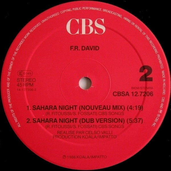 F.R. DAVID - SAHARA NIGHT | 12" MAXI SINGLE USADO