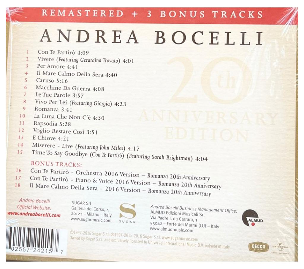 ANDREA BOCELLI - ROMANZA (BONUS TRACK)(REMASTERED) | CD