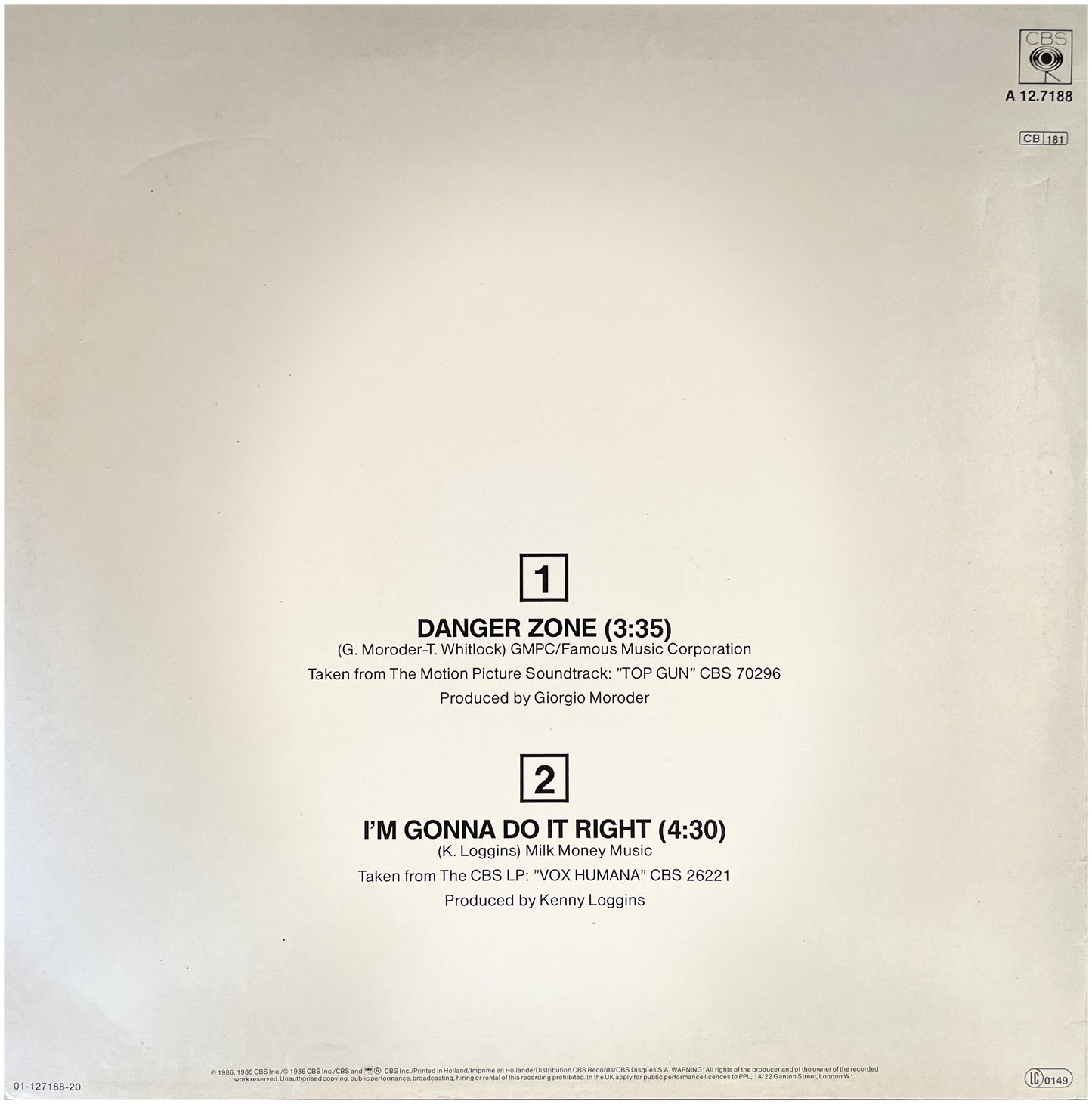 KENNY LOGGINS - DANGER ZONE | 12" MAXI SINGLE USADO