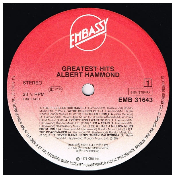 ALBERT HAMMOND - GREATEST HITS | VINILO USADO