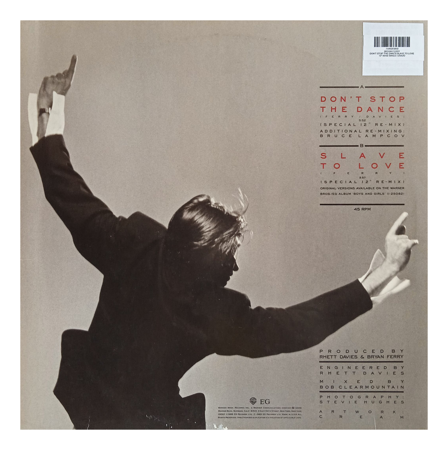 BRYAN FERRY - DON'T STOP THE DANCE/SLAVE TO LOVE | 12" MAXI SINGLE USADO