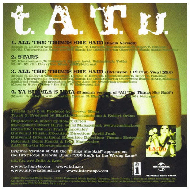 T.A.T.U. - ALL THE THINGS SHE SAID | CD SINGLE USADO