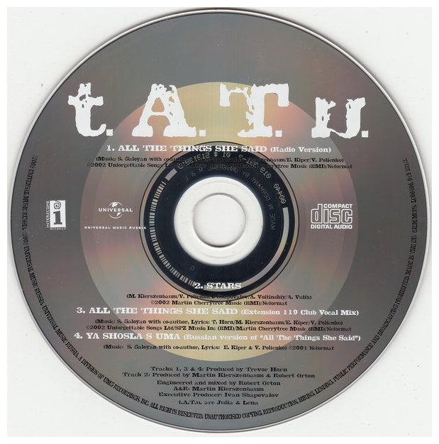T.A.T.U. - ALL THE THINGS SHE SAID | CD SINGLE USADO