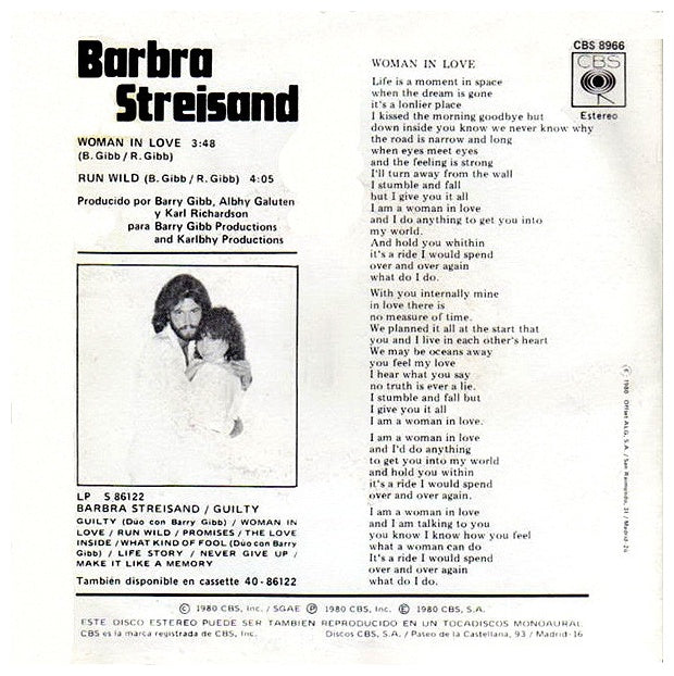 BARBRA STREISAND - WOMAN IN LOVE | 7" SINGLE VINILO USADO