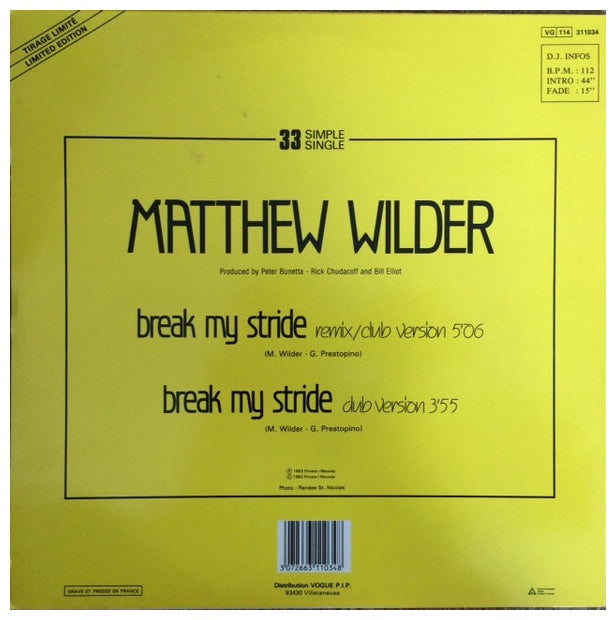 MATTHEW WILDER - BREAK MY STRIDE | 12'' MAXI SINGLE USADO