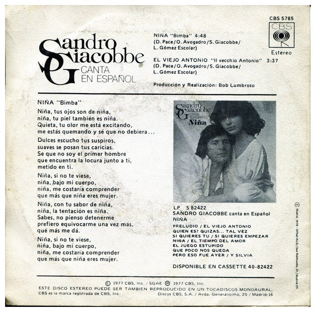 SANDRO GIACOBBE - NIÑA (EN ESPAÑOL) | 7" SINGLE VINILO USADO