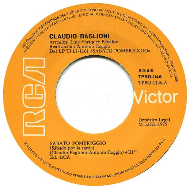 CLAUDIO BAGLIONI - SABATO POMERIGGIO | 7" SINGLE VINILO USADO