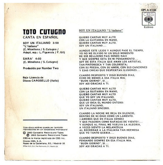 TOTO COTUGNO - SOY UN ITALIANO (EN ESPAÑOL) | 7" SINGLE VINILO USADO