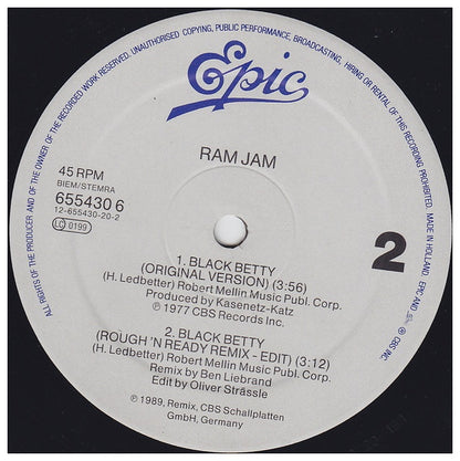 RAM JAM - BLACK BETTY (REMIX) (ORIGINAL VERSION) | 12" MAXI SINGLE USADO