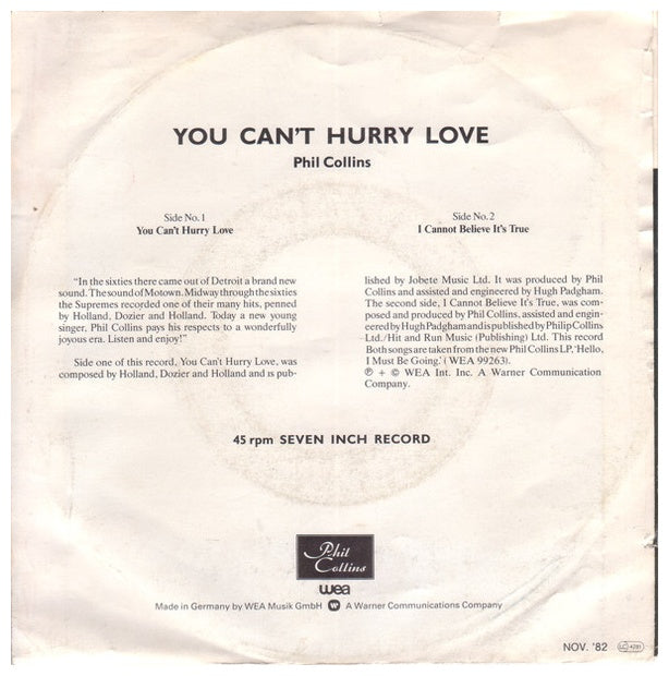 PHIL COLLINS - YOU CAN'T HURRY LOVE/I CANNOT BELIEVE IT'S TRUE | 7'' SINGLE VINILO USADO