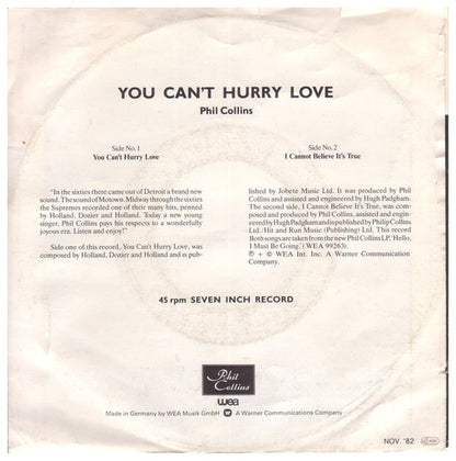 PHIL COLLINS - YOU CAN'T HURRY LOVE/I CANNOT BELIEVE IT'S TRUE | 7'' SINGLE VINILO USADO