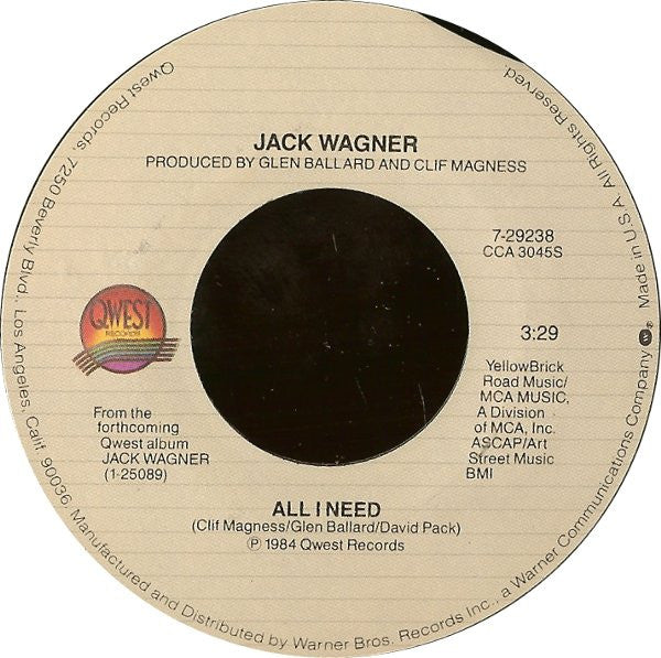 JACK WAGNER - ALL I NEED | 7" SINGLE VINILO USADO