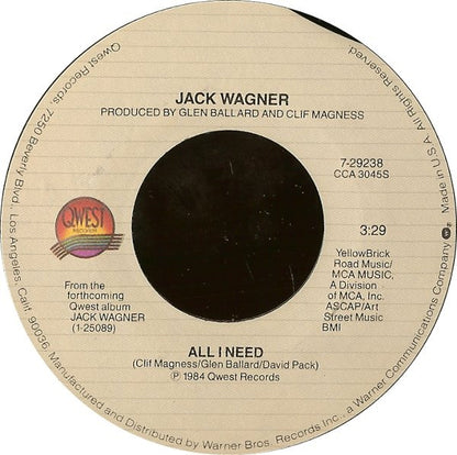 JACK WAGNER - ALL I NEED | 7" SINGLE VINILO USADO