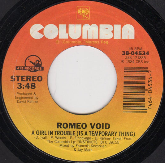 ROMEO VOID - A GIRL IN TROUBLE (IS A TEMPORARY THING) | 7" SINGLE VINILO USADO