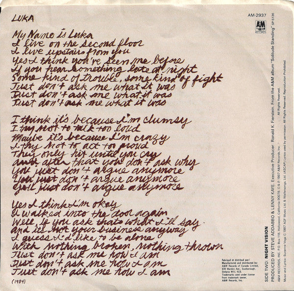 SUZANNE VEGA - LUKA | 7" SINGLE VINILO USADO