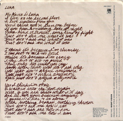 SUZANNE VEGA - LUKA | 7" SINGLE VINILO USADO