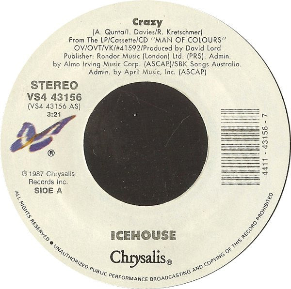 ICEHOUSE - CRAZY/NO PROMISES (COVER) | 7" SINGLE VINILO USADO