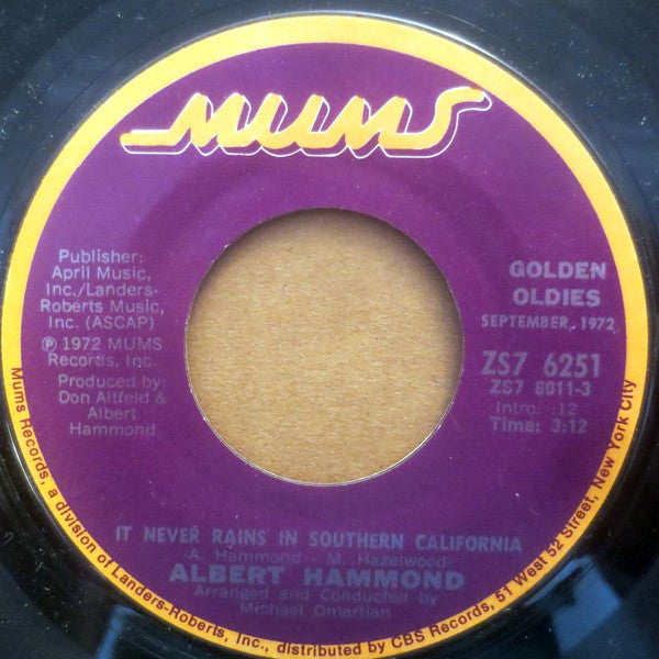 ALBERT HAMMOND - IT EVER RAINS IN SOUTHERN CALIFORNIA | 7" SINGLE VINILO USADO