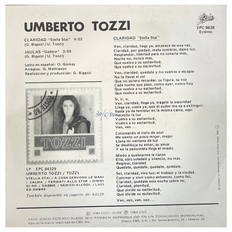 UMBERTO TOZZI - CLARIDAD | 7" SINGLE VINILO USADO