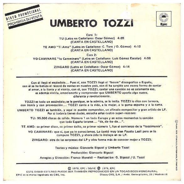UMBERTO TOZZI - TU-TE AMO-YO CAMINARE-ZINGARO (EDICION ESPECIAL) | 7" SINGLE USADO