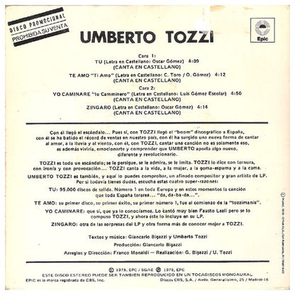 UMBERTO TOZZI - TU-TE AMO-YO CAMINARE-ZINGARO (EDICION ESPECIAL) | 7" SINGLE USADO