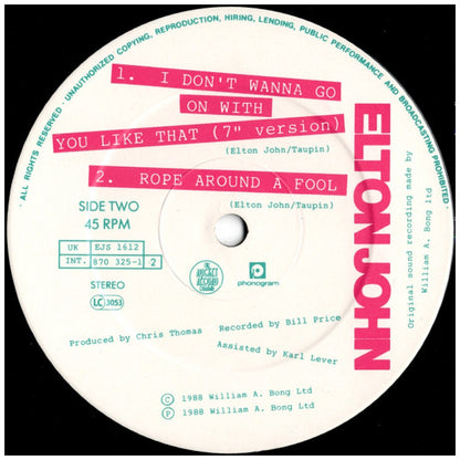 ELTON JOHN - I DON'T WANNA GO ON WITH YOU LIKE THAT | 12" MAXI SINGLE VINILO USADO
