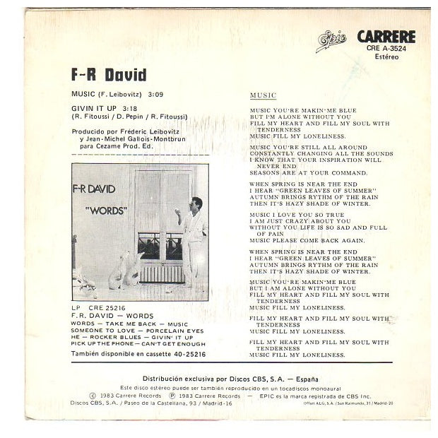 F.R. DAVID - MUSIC | 7" SINGLE VINILO USADO