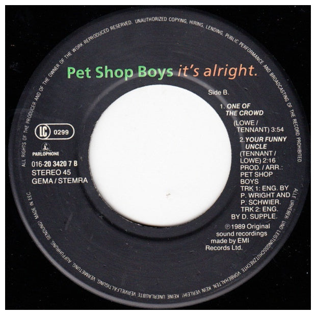 PET SHOP BOYS - IT'S ALRIGHT | 7'' SINGLE VINILO USADO