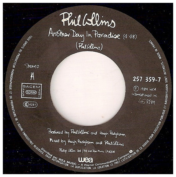 PHIL COLLINS - ANOTHER DAY IN PARADISE | 7'' SINGLE VINILO USADO