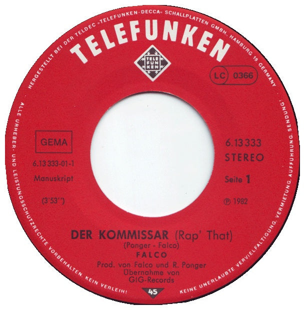 FALCO - DER KOMMISSAR | 7'' SINGLE VINILO USADO