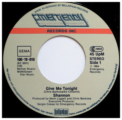 SHANNON - GIVE ME TONIGHT | 7'' SINGLE VINILO USADO